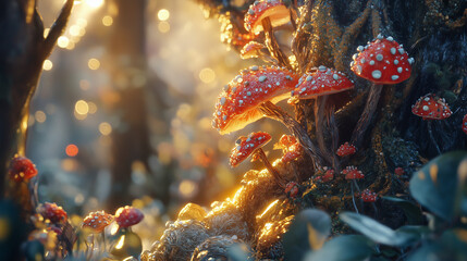 Vibrant red mushrooms grow under soft sunlight in a mystical forest setting during the golden hour