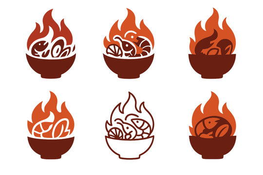 Spicy Seafood Icons. Spicy seafood. Icon set. Set Logo of Spicy Seafood: crab surrounded by fiery elements. harmonious logo variations of the same emblematic