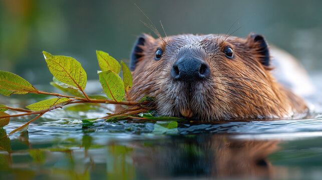 North american beaver swimming in calm water at sunset, carrying leafy branch in mouth, natural wildlife habitat - Powered by Adobe