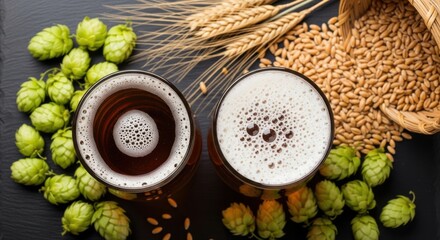 Two glasses of beer with hops, wheat, and barley