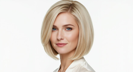 Fototapeta premium A young woman with a blonde bob hairstyle and blue eyes. Beauty portrait with healthy skin and natural makeup isolated on a white background