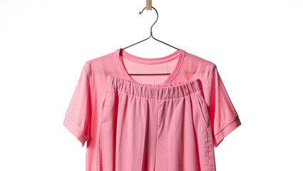 Bright Pink Short-Sleeve Pajamas or Loungewear Set Hanging on Wire Hanger