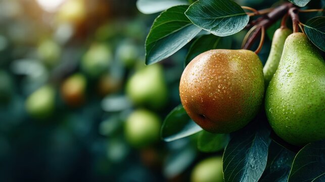 Ripe pears on a tree branch with dewdrops and sunlight, showcasing fresh orchard abundance. Ideal for promoting natural produce and organic farming.