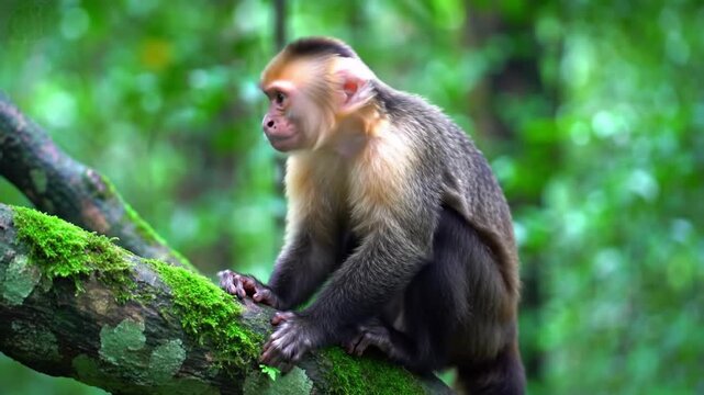 A captivating sequence featuring a capuchin monkey perched on a moss-covered branch in a vibrant