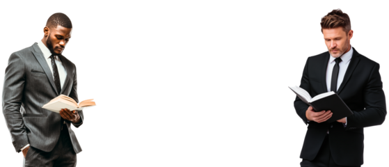 diverse ethnicity professional, elegant businesspeople drawn into book reading isolated over white (transparent) background