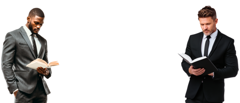 diverse ethnicity professional, elegant businesspeople drawn into book reading isolated over white (transparent) background