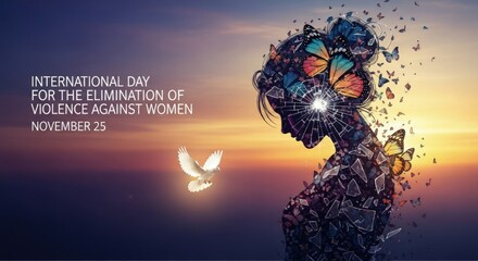 Silhouette of a woman shattering into bright butterflies, with a white dove flying peacefully against a vibrant sunset sky. Concept of ending harm against women, female strength, freedom and hope.