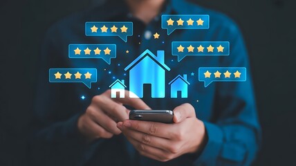 Real estate market online review and rating concept with house icons and star feedback displayed on a smartphone in a digital modern interface. selection process