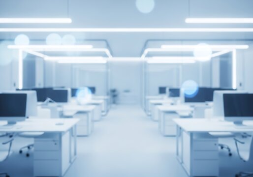 Modern open office space with bright lighting and clean desks ready