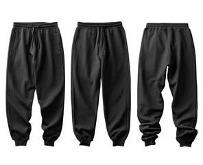 Three views of black drawstring sweatpants
