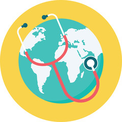 Global Health Awareness Stethoscope Wrapped Around World Map Illustration in Circular Frame with Yellow Border and Teal Blue Water Tone