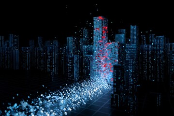 High angle 3D rendering of a futuristic digital city with glowing blue skyscrapers and a central red tower disintegrating into pixel particles against a black background