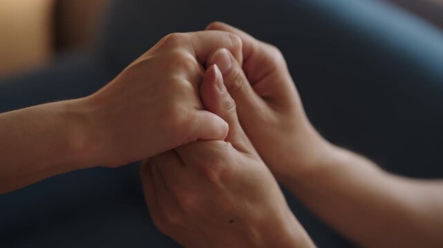 Couple hands showing tenderness and affection, man gently massaging woman fingers and palm, focusing on care, relaxation, intimate connection during romantic moment, close-up, slow motion.