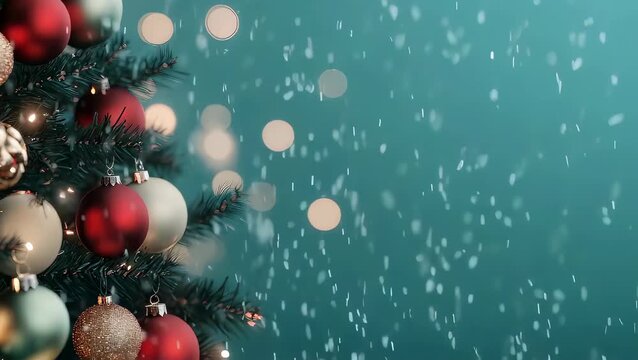 Festive Christmas tree with decorations and blinking lights against a snowing background. New year holiday celebration with falling snow effect.