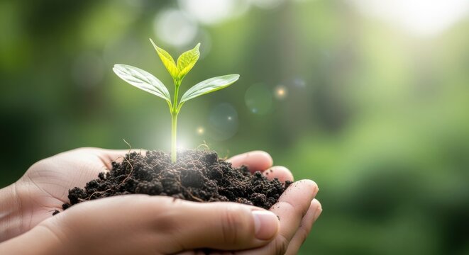 Hands holding a young plant sprout in soil