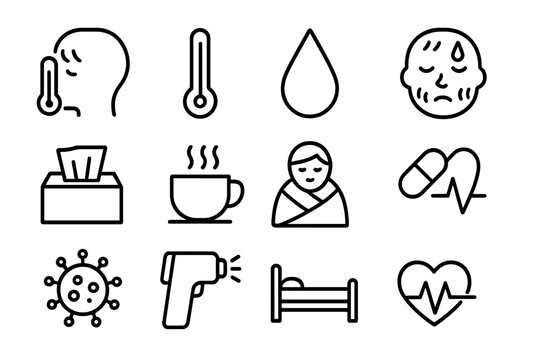 Fever Icons Set. Person with fever. Line icon set of person with fever: head silhouette, thermometer, sweat drop, hot face, tissue box, cup of tea, blanket,