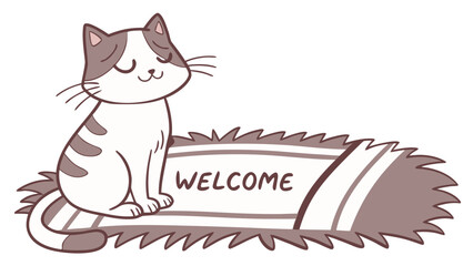 Cat sitting on welcome mat with cheerful expression, adorable feline resting peacefully on cozy mat. Concept cat sitting makes for charming home decor or welcoming theme.