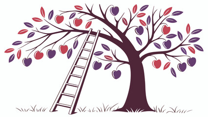 Plum tree with fruit and a leaning ladder isolated on white background. Vibrant plum tree features ripe fruits hanging on branches, with a wooden ladder placed beside it.