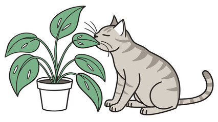 Cat chewing on a leaf of houseplant, curious feline sniffing green leaves near potted plant. Cat engages with houseplant, showcasing natural behavior of exploration and interaction with greenery.