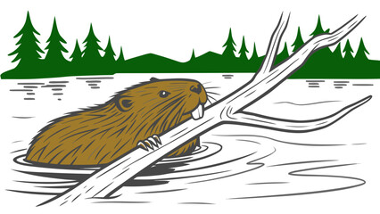 Beaver dragging branch through water with forest background and rippling lake surface. Beaver's natural behavior includes gathering branches for building dams and lodges.