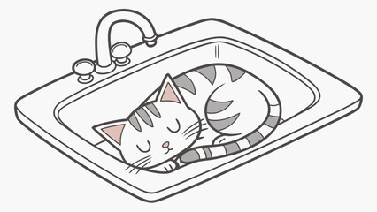 Cat sleeping in sink curled up comfortably, adorable pet resting in kitchen basin with faucet nearby. Concept of relaxed cat in unique sleeping spot for pet lovers and animal enthusiasts.
