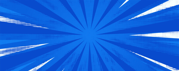 Blue comic sunburst effect background with halftone. Pop art comic-style vector background. Suitable for templates, sale banners, events, ads, web and pages