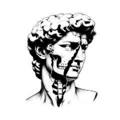 Broken ancient statue head vintage y2k halftone art, cracked sculpture stipple brutalist retro vector png with transparent background, relic 2000s aesthetic photocopy effect tattoo