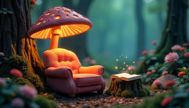 Magical fantasy forest scene featuring a cozy pink armchair under a glowing mushroom lamp and an open book with sparkles on a mossy stump
