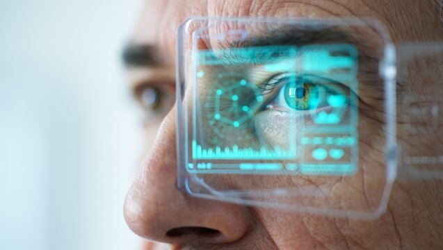Extreme close-up of a serious elderly man wearing a futuristic transparent augmented reality device over his eye with glowing blue data graphics under soft lighting
