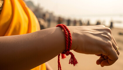 Woman wearing sacred red thread bracelet (kALava) by the riverbank  