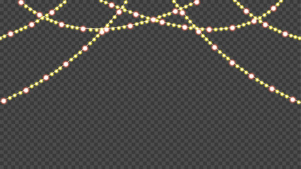 Warm yellow and soft pink glowing string lights garland with crossing curved wires, festive illumination vector overlay for holiday, wedding, or party decoration on transparent background