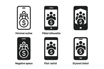 Financial App Logos. Tracking family finances using an app. Icon set. Set Logo of tracking family finances using an app: smartphone with dollar sign.
