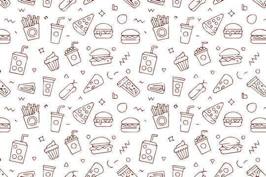 fast food pattern with burger pizza fries drinks hotdog cupcake icons