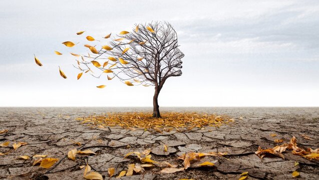Surreal conceptual illustration of a tree shaped like a human face profile shedding yellow leaves in the wind over dry cracked earth under a cloudy sky
