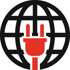 Global Power Connection Icon Representing Electricity Supply and Energy Network With Red Plug And Black Globe Symbol On Transparent Background Simplified Vector Illustration