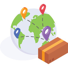 Global Shipping and Logistics Concept Represented By A Cardboard Box and A Stylized Earth Globe with Location Pins Connected by Dashed Lines