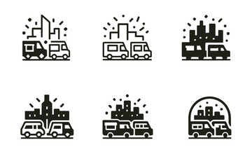 Obraz premium Food Truck Logos. Food truck street parties. Icon set. Set Logo of food truck street parties: barbecue grill beside open truck window. harmonious