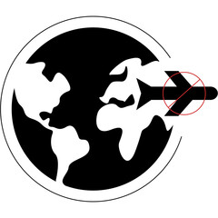 Global Travel Icon with Airplane Silhouette Crossing a World Map Silhouette With Red Circle Crossing Symbol Overlay