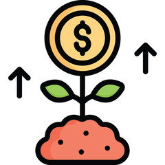 Gold coin plant growing from soil with green leaves and upward arrows indicating financial growth and investment success on a transparent background