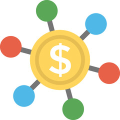 Gold Coin With Dollar Symbol Connected To Colorful Circles On Transparent Background Representing Financial Network And Global Economy
