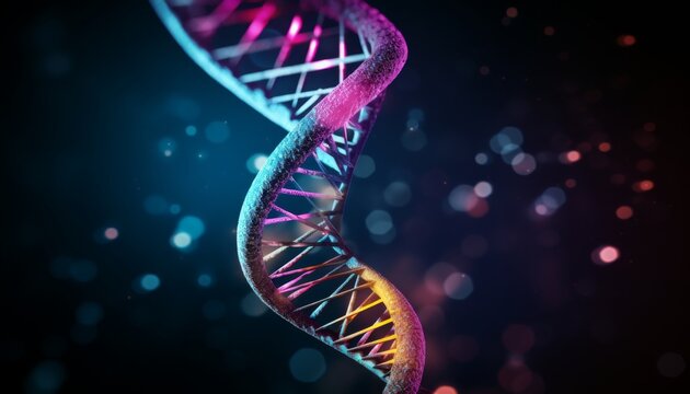 Explore the intricate details of a colorful DNA helix structure illuminated against a dark background with vibrant bokeh effects