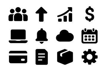 Membership Growth Icons. Membership growth. Solid icon set of membership growth: user group, arrow up, graph, dollar sign, laptop, bell, cloud, calendar,