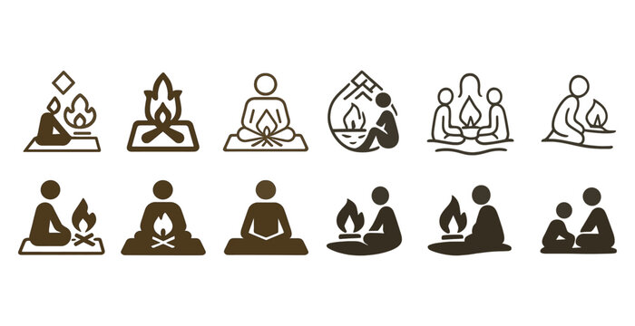 Minimalist icons of people meditating around a campfire in various styles