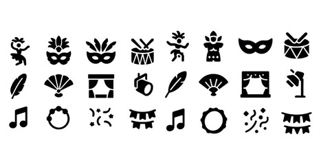 Carnival icon set: masks, drums, dance, stage, music
