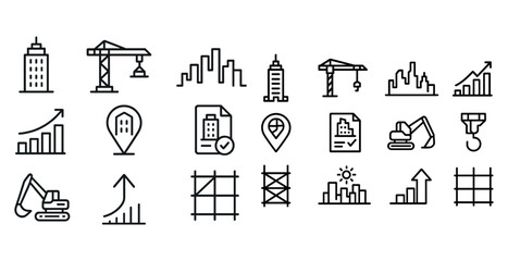 Construction icons collection: buildings, cranes, graphs, structuring tools