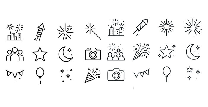 Festive line icons: fireworks, celebration, and party elements