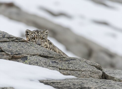 Snow leopard peeking over a snow-dusted granite rock in its natural mountainous habitat, showcasing its distinctive spotted fur and watchful golden eyes