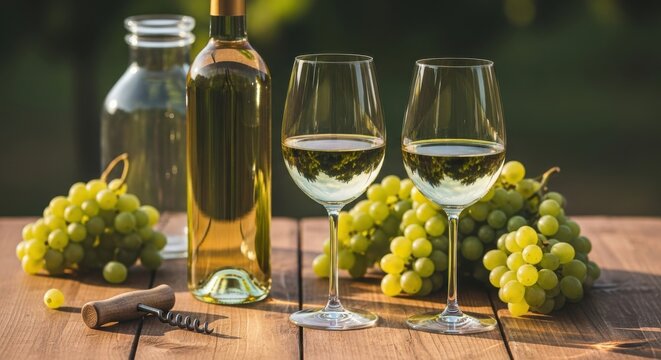 Two glasses of white wine with grapes and corkscrew - Powered by Adobe