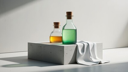 Obraz premium Minimalist still life of two glass bottles with yellow and green liquid and cork stoppers on a concrete podium with draped white cloth under hard sunlight 