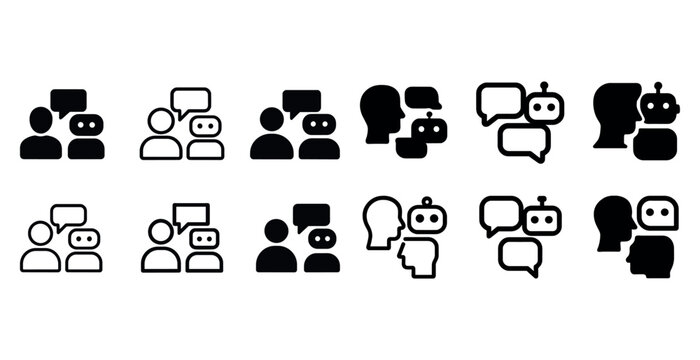 Communication icons: human and robot interaction in speech bubbles